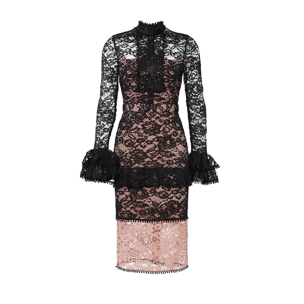 ALEXIS Black Beverly Lace Flounce Sleeves Midi